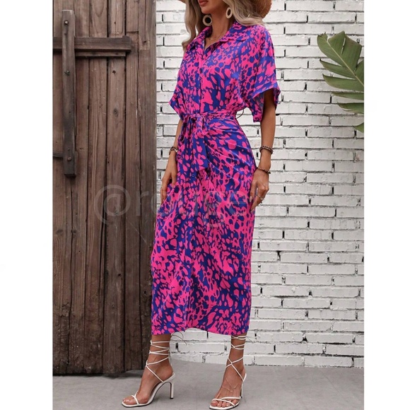 Spotted All Over Print Button Through Tie Belt Ruched Maxi Shirt Dress Blue Pink - Picture 5 of 10